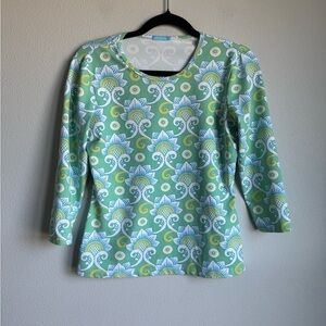 J. McLaughlin Green and Blue Floral Long Sleeve Top